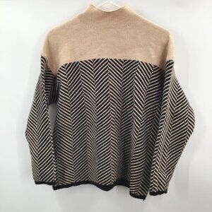 Women's M Herringbone Mock Neck Sweater Cotton Blend Black & Tan Colorblock